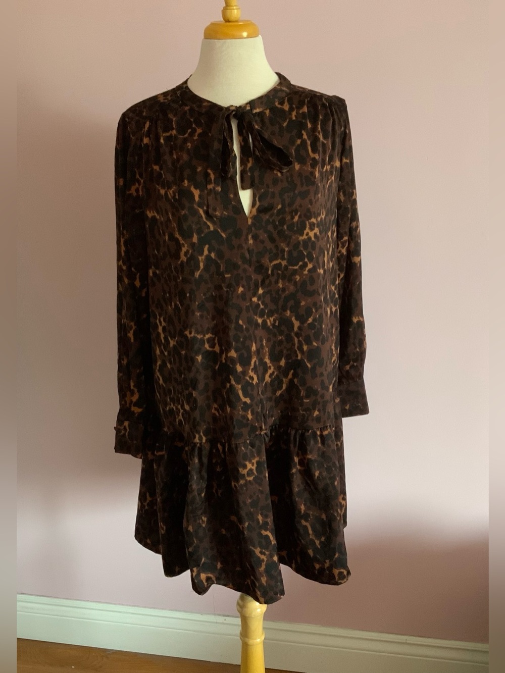 Brown Leopard Print Tie-Neck Women's Dress